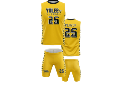 a yellow jersey basketball uniform with a white jersey and a black jersey