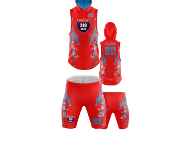a red and white uniform with a hoodie and a hoodie