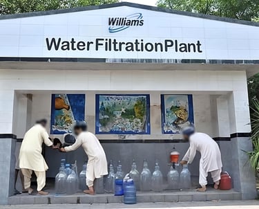 a man and woman filling water into a container