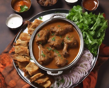 A variety of foods arranged on a wooden table, including a hot dog with mustard, French fries, a roasted chicken, samosas, a burger, and scattered lettuce leaves. Each dish is placed on a black plate, surrounded by assorted vegetables like cucumbers, tomatoes, and lime.