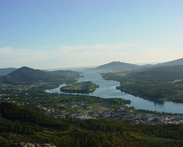 a view of a river and mountains in the distance