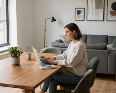 Professional woman working from home on a laptop at a wooden dining table in a bright modern living room.