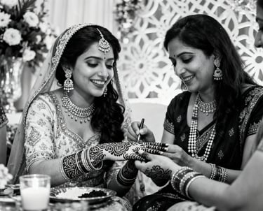 “Bride getting mehndi applied during pre-wedding celebration filmed in Toronto by Frames by Peter.”