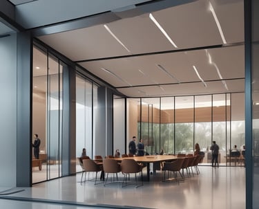 The image depicts an office space with several computer monitors on desks. A red digital display on the wall reads 'Portal Correio'. The room has glass partitions and a modern, streamlined design. Overhead fluorescent lights provide illumination.