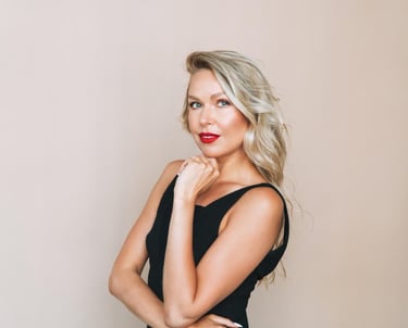 a sugar mommy in a black dress with a red lipstick on her lips