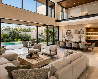 Modern luxury open concept living room and dining area with views of a tropical backyard pool.