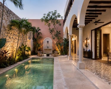 Luxury villa patio featuring a narrow swimming pool, stone walls, and elegant arched architecture with outdoor lighting.