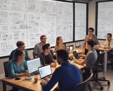 A modern office environment showcasing a collaborative team working on digital marketing strategies.