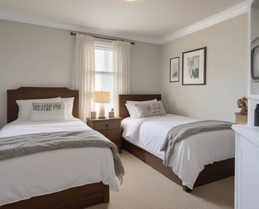 A cozy shared living space with comfortable beds and warm lighting.