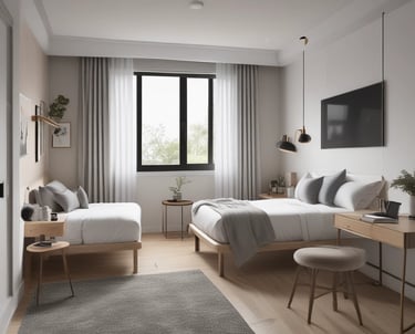 A cozy shared living space with comfortable beds and warm lighting.