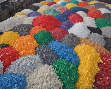 Stacks of sorted plastic pellets ready for export at a warehouse.