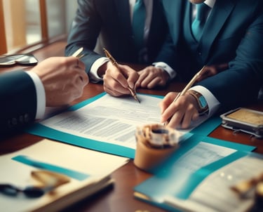 A professional office setting with legal books and a laptop.