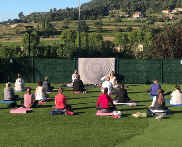 An outdoor yoga class practicing on a green lawn with a scenic mountain backdrop and mandala tapestry.