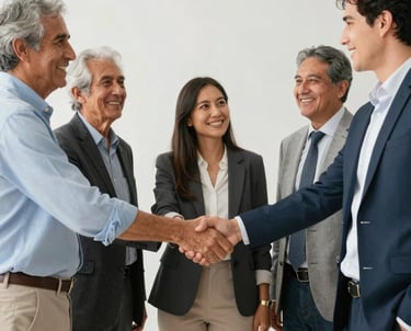 A professional shaking hands with a candidate in a modern office setting.
