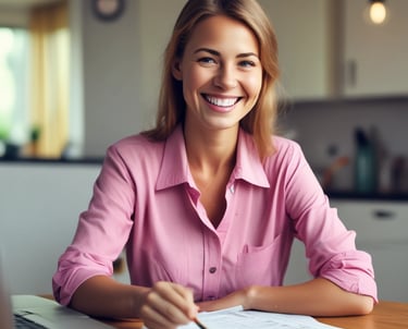 a woman sitting at a table with a glass of coffee