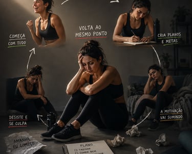 Infographic showing the cycle of fitness motivation and burnout with a woman struggling to maintain a workout routine.