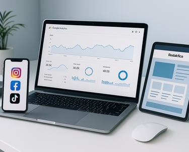 imagen de móvil, portatil y tablet mostrando nombre de redaktica y graficos