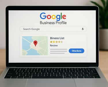 Portátil mostrando un perfil de Google Business con mapa, reseñas y botón de direcciones