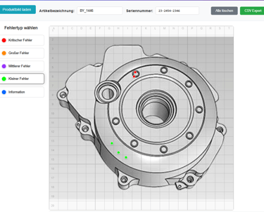 CAD-Ansicht eines Maschinenteils mit markierten Fehlerpunkten in verschiedenen Farben.