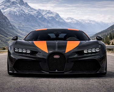 Bugatti Chiron Super Sport 300+ visto de frente em estrada de montanha