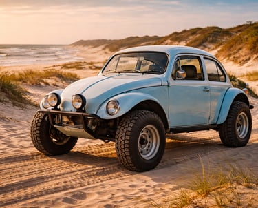 Fusca Baja modificado para trilha em dunas de praia, com visual retrô dos anos 60 e pneus off-road.