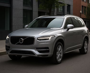 Volvo XC90 prata estacionado em rua urbana, destaque para design frontal e grade cromada