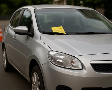 Carro prateado estacionado com notificação de multa presa no para-brisa