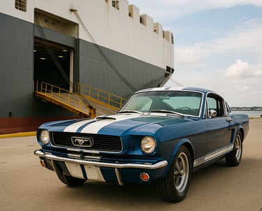 Carro clássico americano azul sendo descarregado de navio em porto brasileiro, sob luz natural do en