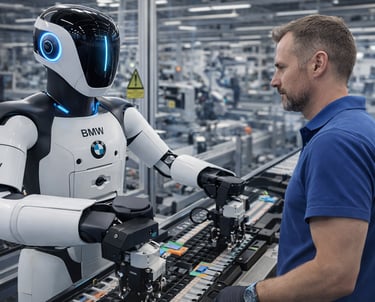 Robos humanoides trabalhando ao lado de funcionário humano em fábrica automatizada da BMW