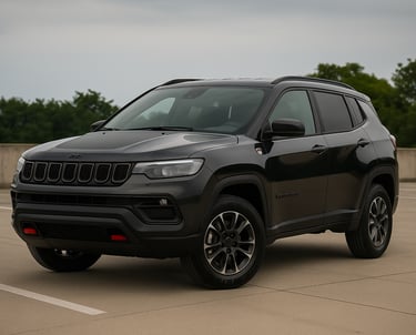Jeep Compass Trailhawk preto metálico visto em ângulo 3/4, estacionado em ambiente aberto