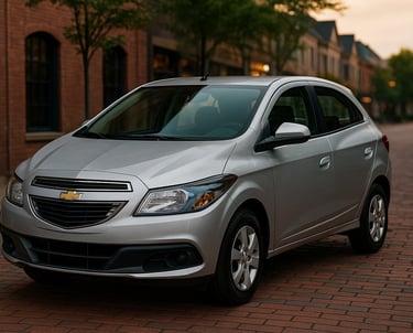 Chevrolet Onix 2014 prateado estacionado em rua de paralelepípedo com prédios e árvores ao fundo ao