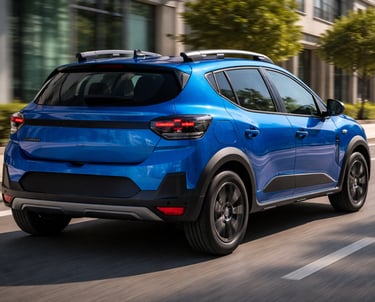 Novo Sandero Stepway híbrido 2026 na cor azul, visto de traseira em ambiente urbano moderno