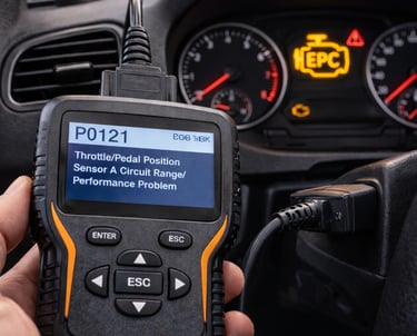 Scanner OBD conectado diagnosticando luz EPC acesa no painel do carro