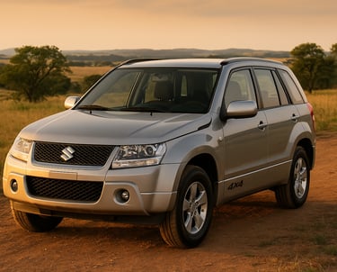 Suzuki Grand Vitara 4x4 2014 em estrada de terra com vegetação e cenário de campo brasileiro realist