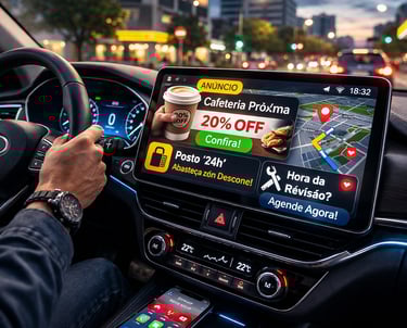 Anúncios na tela multimídia do carro exibindo propaganda personalizada e ofertas