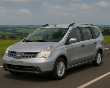 Nissan Livina prata em movimento em rodovia, com colinas verdes ao fundo, vista frontal lateral.