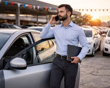 Homem usando carro usado para trabalho diário em pátio de veículos, cenário urbano ao entardecer