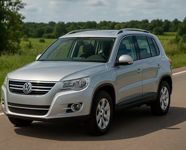 Volkswagen Tiguan 2011 prateada em estrada rural, com vegetação verde e céu parcialmente nublado ao