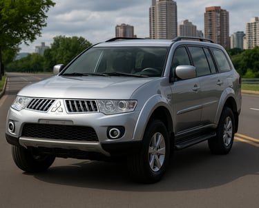 Mitsubishi Pajero Dakar prata estacionada em avenida, vista de três quartos com prédios ao fundo