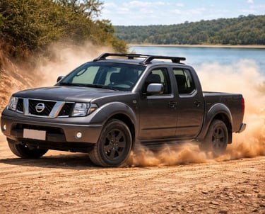 Nissan Frontier em trilha de terra à beira de um lago, vista em 3/4, levantando poeira em cenário of