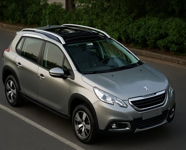 Peugeot 2008 com teto solar panorâmico em destaque sob luz urbana, capturado em ambiente realista.