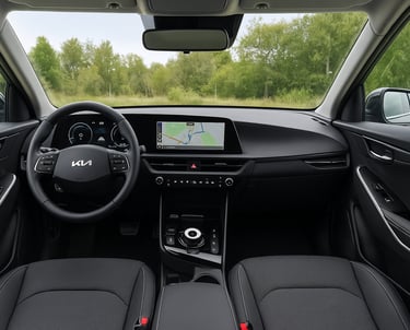 Interior moderno do Kia Niro com painel digital, acabamento refinado e câmbio automático.