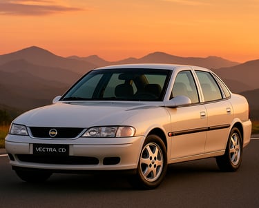 Chevrolet Vectra CD 1998 branco de segunda geração visto de três quartos pela frente com montanhas a