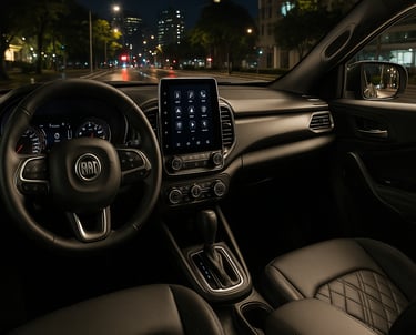 Interior da Fiat Titano 2025, destacando o painel central, volante multifuncional e acabamento moder