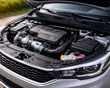 Motor 1.0 turbo de três cilindros com capô aberto em carro usado moderno