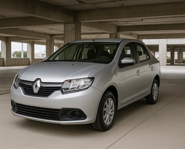 Renault Logan prateado estacionado em garagem ampla e iluminada com piso de concreto limpo.
