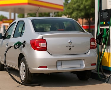Renault Logan 1.4 prateado sendo abastecido em posto de combustível no Brasil durante o dia.