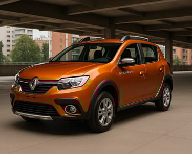 Renault Sandero Stepway cinza estacionado em área urbana moderna com prédios ao fundo.