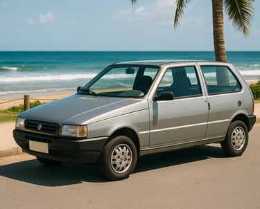 Fiat Uno 1998 prata duas portas estacionado à beira da praia com mar e coqueiro ao fundo