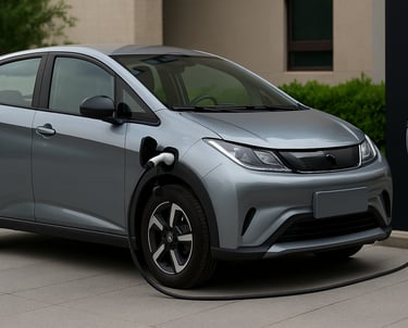 BYD Dolphin Mini prata sendo recarregado em estação residencial, com fundo urbano e arbustos ao redo